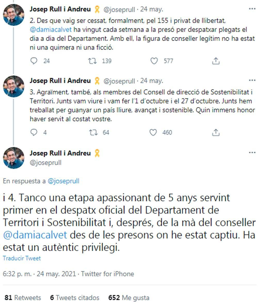 Josep Rull, insinuando que ha seguido ejerciendo como 'conseller' desde la cárcel / TWITTER