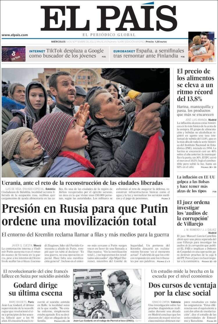 Portada de 'El País' del 14 de septiembre de 2022