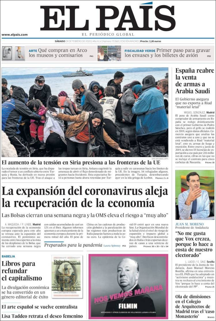 Portada de 'El País' del sábado 29 de febrero
