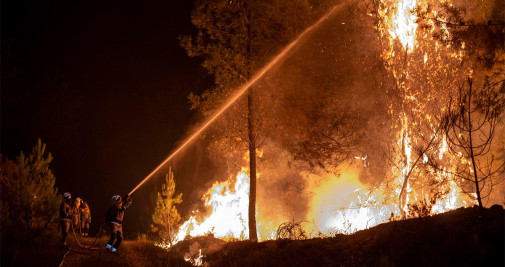 Los bomberos tratan de apagar las llamas y árboles ardiendo por un incendio que hasta ahora ha quemado 100 hectáreas en Castrelo de Miño (Ourense) - EFE/ Brais Lorenzo