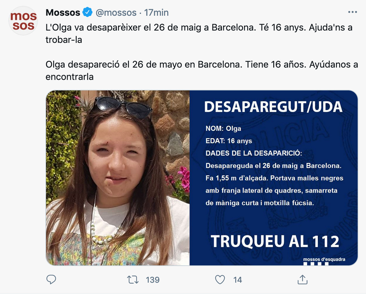 Alerta de Mossos para localizar a la menor desaparecida en Barcelona / TWTTER