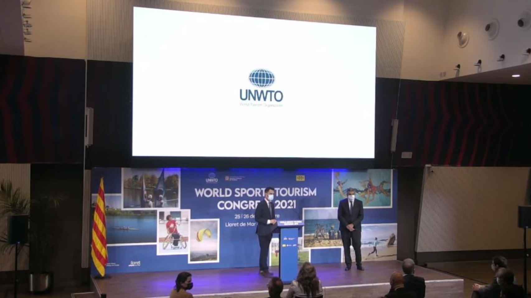 Roger Torrent, consejero de Empresa, y Zurab Pololikashvili, secretario general de la OMT, en la presentación del Congreso Mundial de Turismo Deportivo de Lloret / GENERALITAT