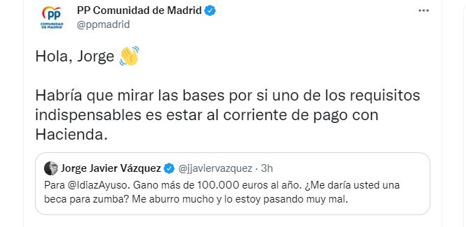 Tweet del PP a Jorge Javier Vázquez