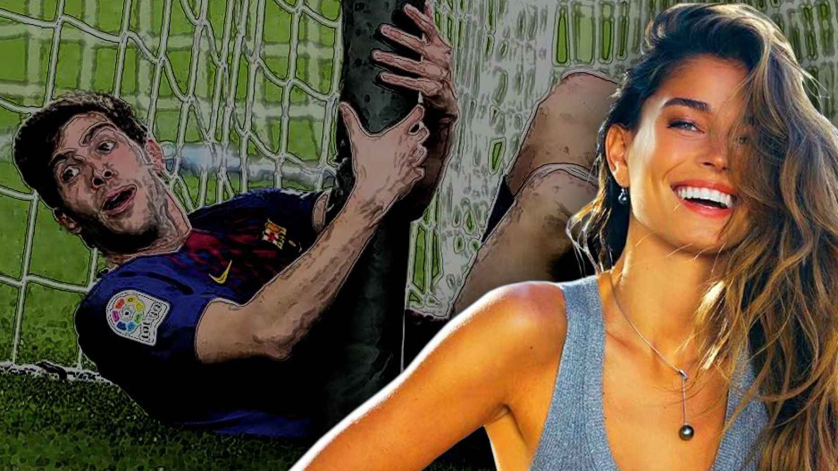 La modelo Coral Simanovich riendo ante una imagen cómica de su marido, el futbolista del Barça Sergi Roberto / FOTOMONTAJE DE CULEMANÍA