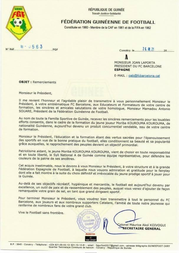 Carta de agradecimiento de la Federación de Guinea a Joan Laporta / Redes