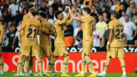 El Barça celebra el gol de Lewandowski contra el Valencia CF / FCB