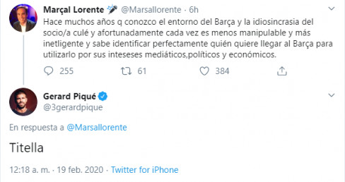Respuesta de Piqué al periodista Lorente / Twitter