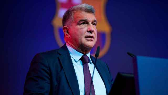 Joan Laporta, durante la comparecencia del Barça este jueves en el Camp Nou / FCB