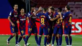Los jugadores del Barça, celebrando el gol de Ansu Fati contra el Leganés | EFE