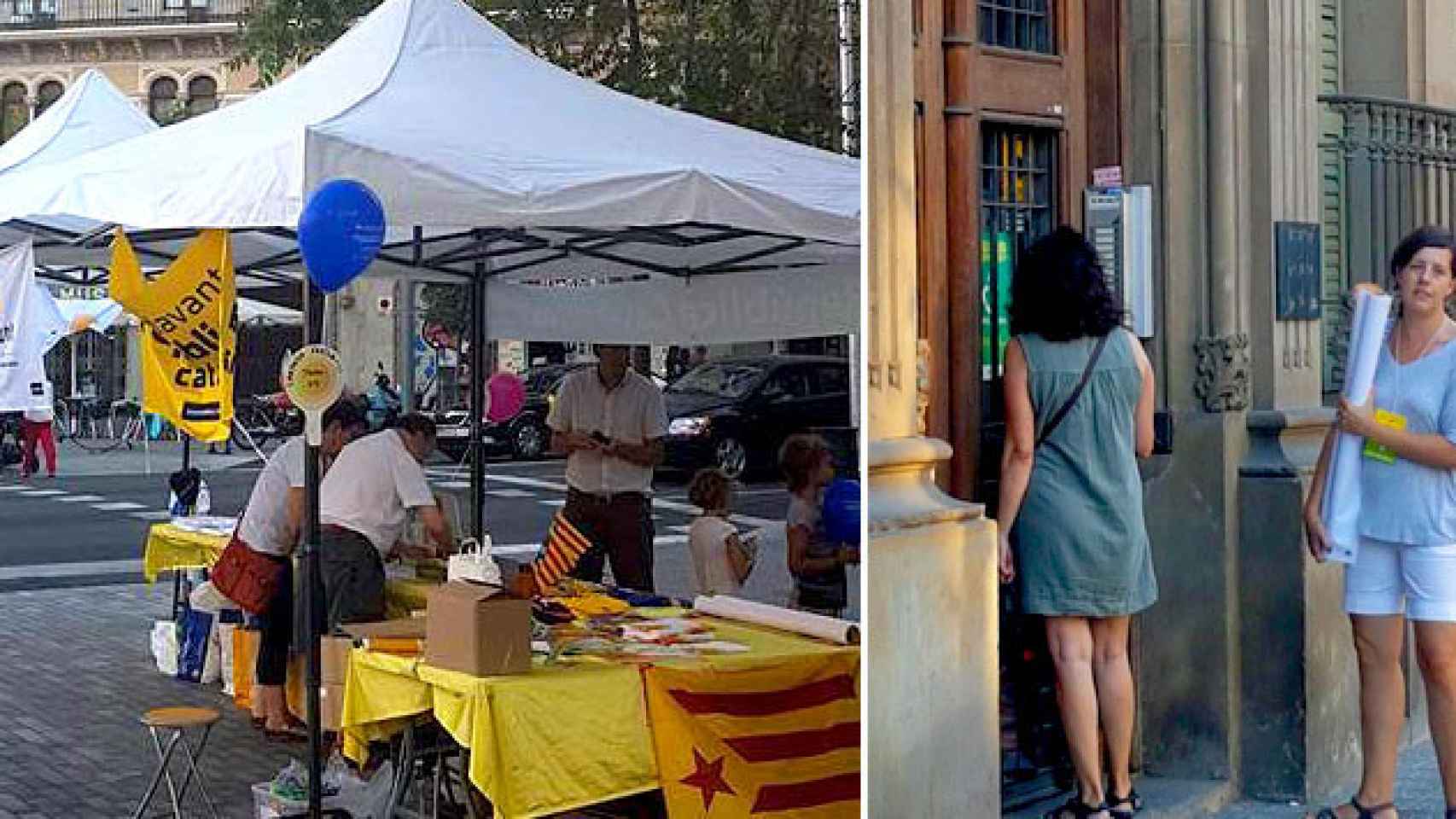 Tenderete de la Assemblea Nacional Catalana (ANC) junto a voluntarias que buscan complicidades independentistas puerta a puerta. / CG