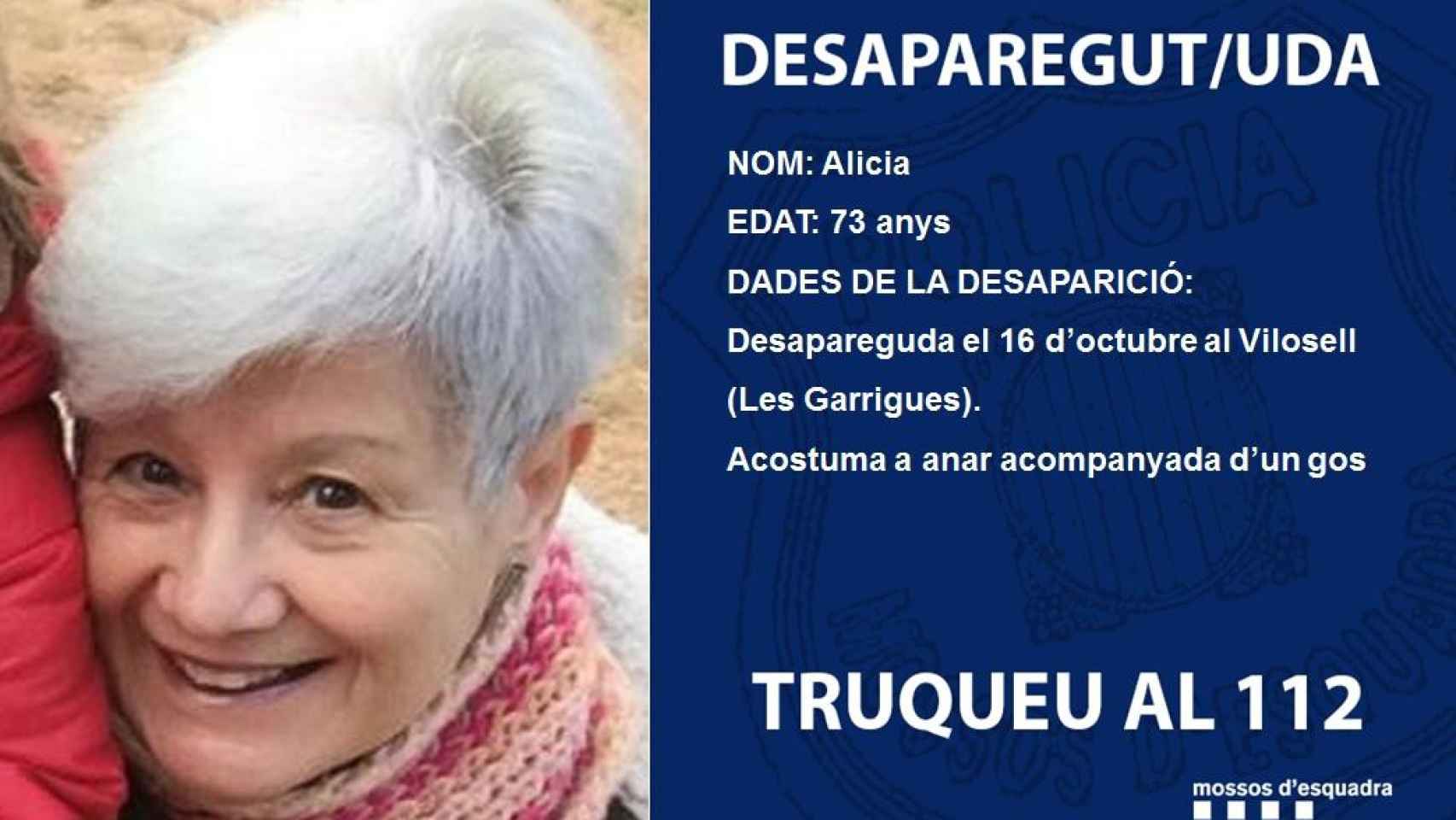 Aviso de los Mossos d'Esquadra sobre la desaparición de la madre de Jaume Collboni / @mossos (TWITTER)