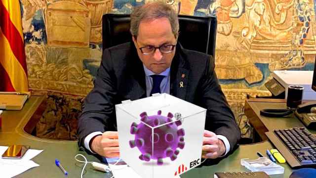 Quim Torra con una urna con virus del Covid-19 / FOTOMONTAJE DE CG