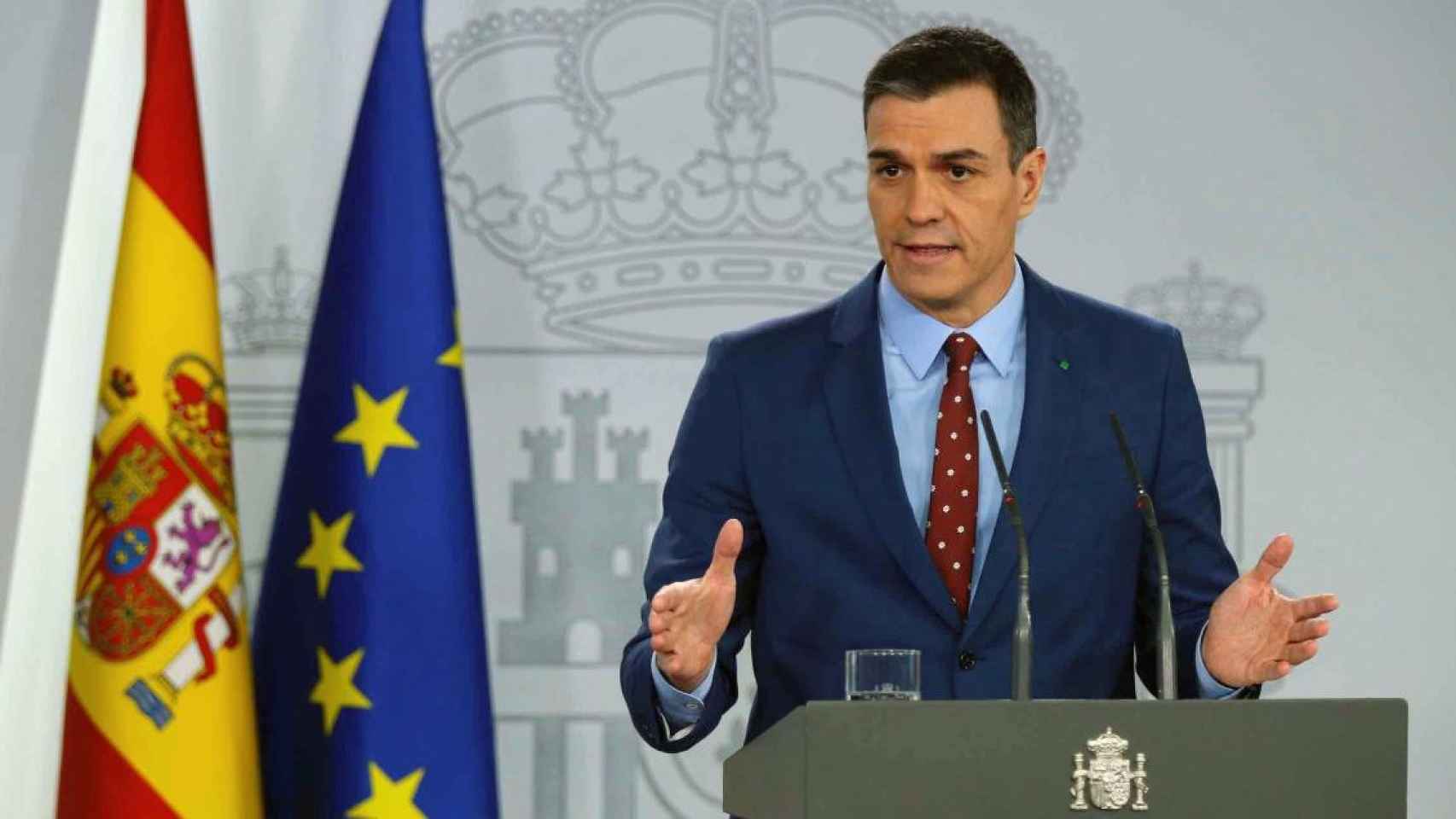 El presidente del Gobierno, Pedro Sánchez, en una comparecencia en el Palacio de la Moncloa / EFE