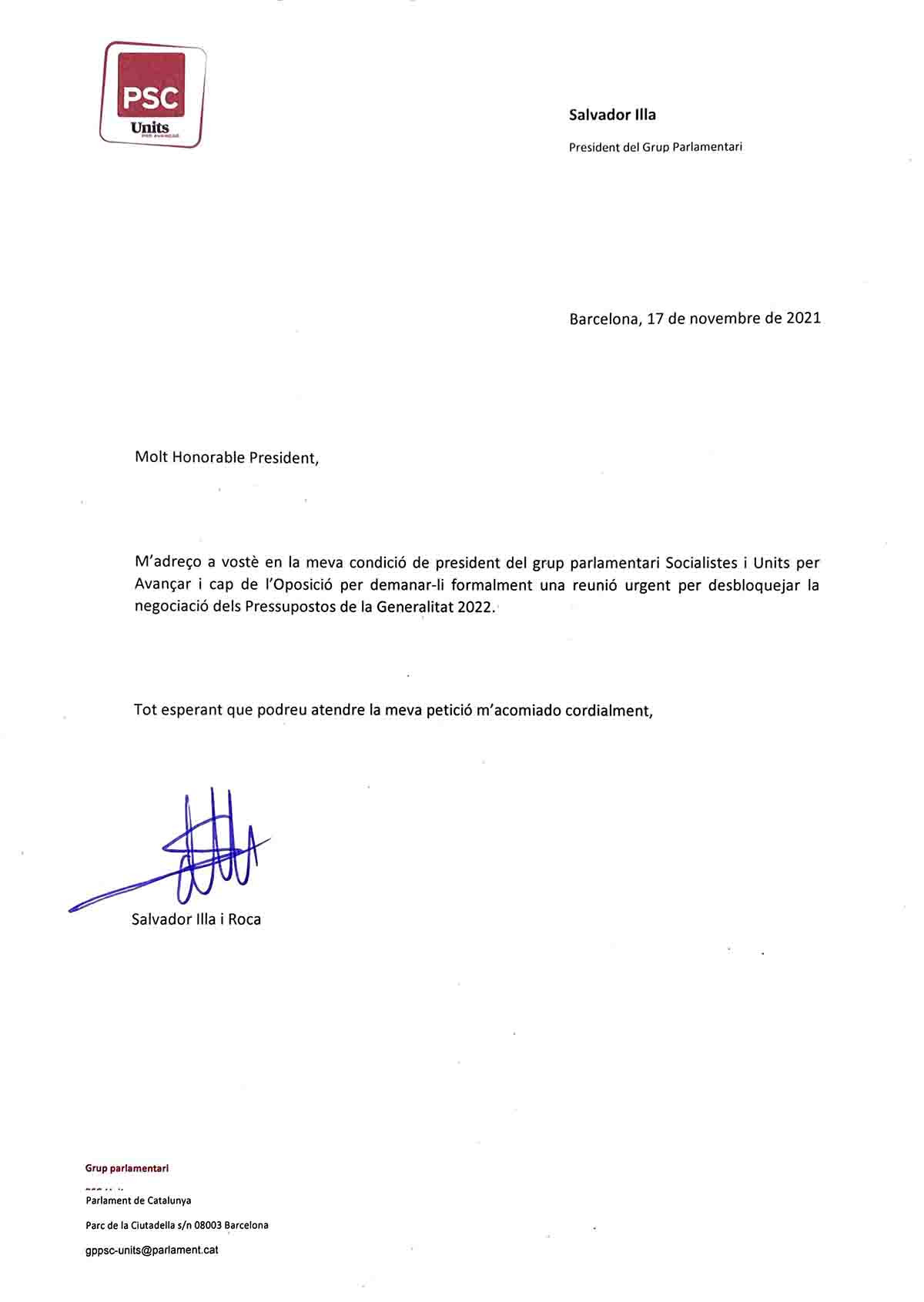 Carta enviada por Salvador Illa a Pere Aragonès para negociar los presupuestos