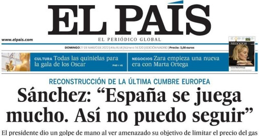 Portada de El País, 27 de marzo de 2022