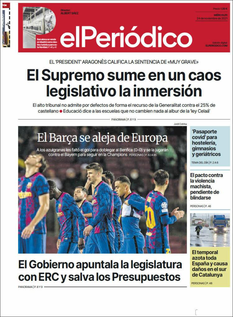 La portada de 'El Periódico' del 24 de noviembre de 2021 / EL PERIÓDICO