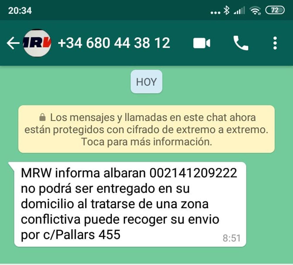 Un mensaje de denegación de servicio de MRW en el barrio del Besòs de Barcelona / CG