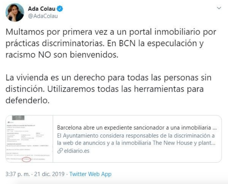 Tuit de la alcaldesa Ada Colau publicado en 2019 sobre el expediente abierto a Idealista / TWITTER