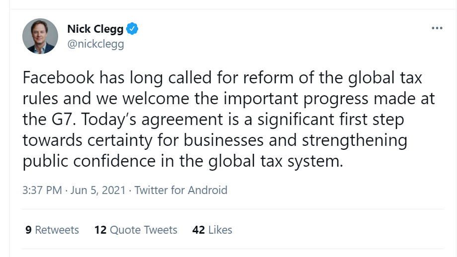 Mensaje de Nick Clegg en su cuenta personal de Twitter / TWITTER