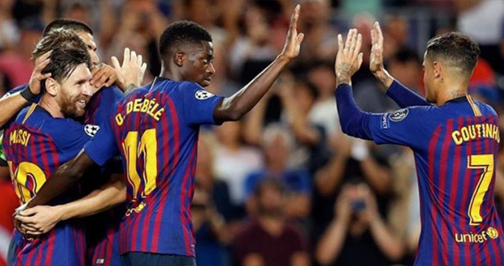 Messi, Dembelé y Coutinho se felicitan por un gol del Barça / INSTAGRAM
