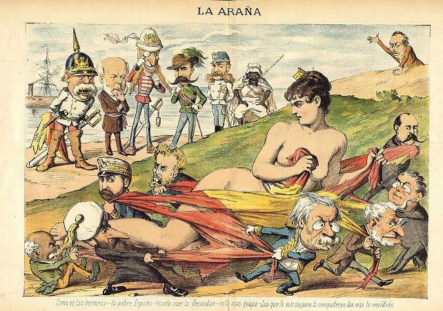 Alegoría de la guerra de Cuba con España representada como una mujer desnuda