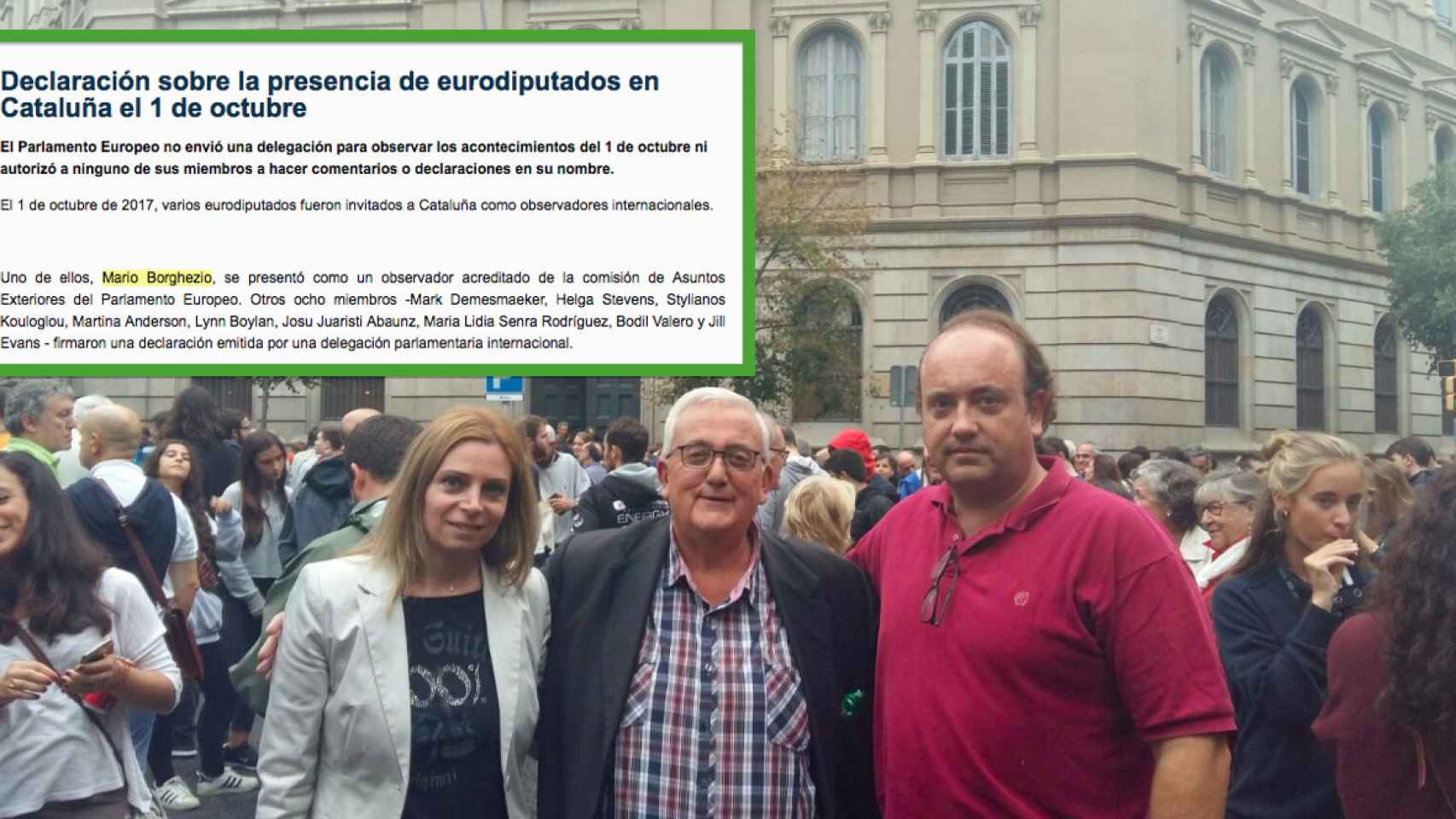 El eurodiputado de la Liga Norte, Mario Borghezio, junto a la presidenta de Som Catalans, y la carta que envió el Parlamento Europeo negando su implicación