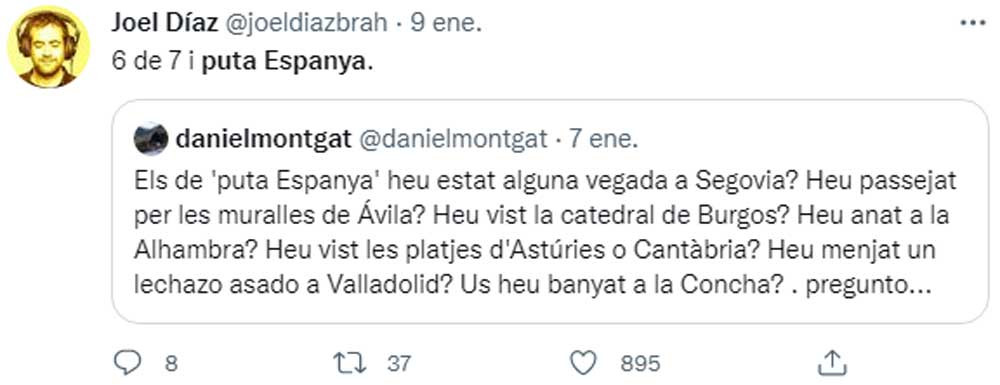 Joel Díaz, diciendo puta España en su perfil de Twitter