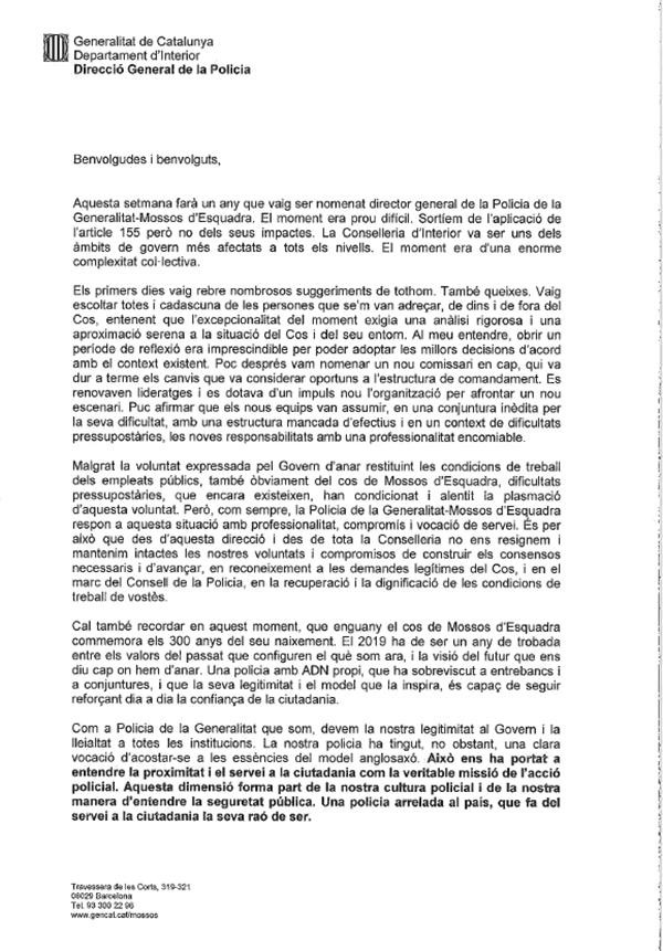 Carta del ex director general de la Policía de la Generalitat, Andreu Martínez / CG