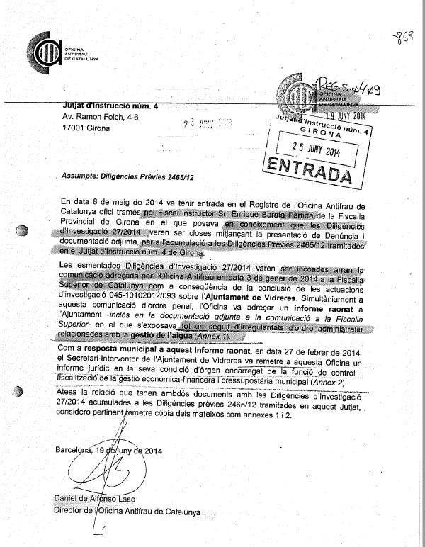 Informe de la Oficina Antifraude sobre la gestión del agua en Vidreres (Girona) / CG