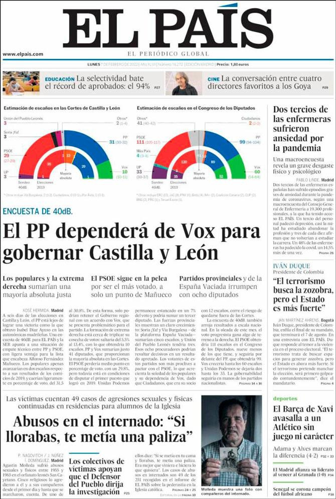 Portada 'El País' del 7 de febrero de 2021 / Kiosko