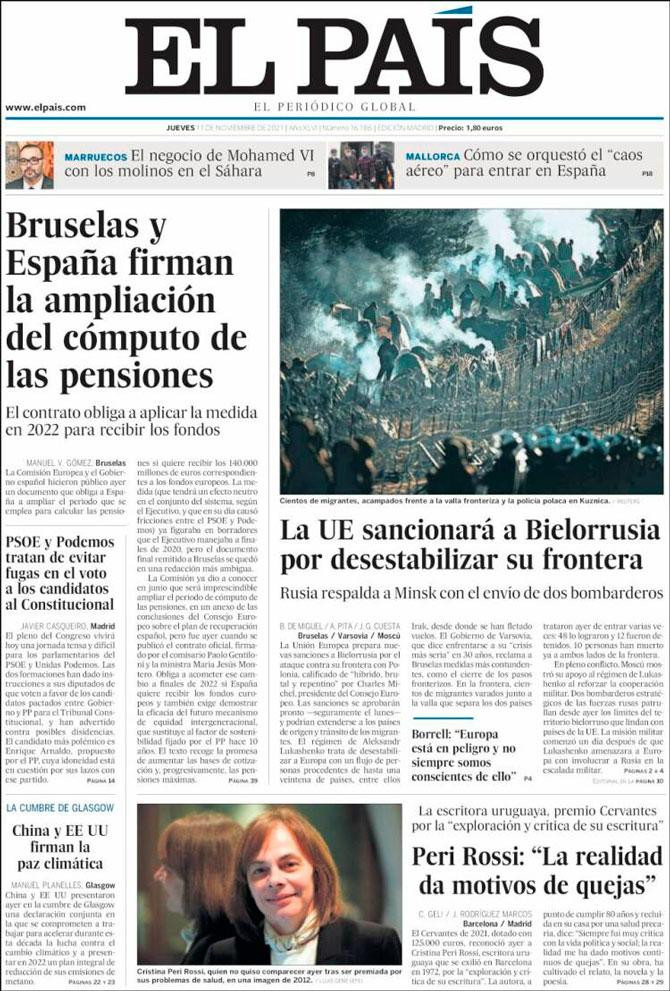 Portada de 'El País' del 11 de noviembre de 2021 / CG