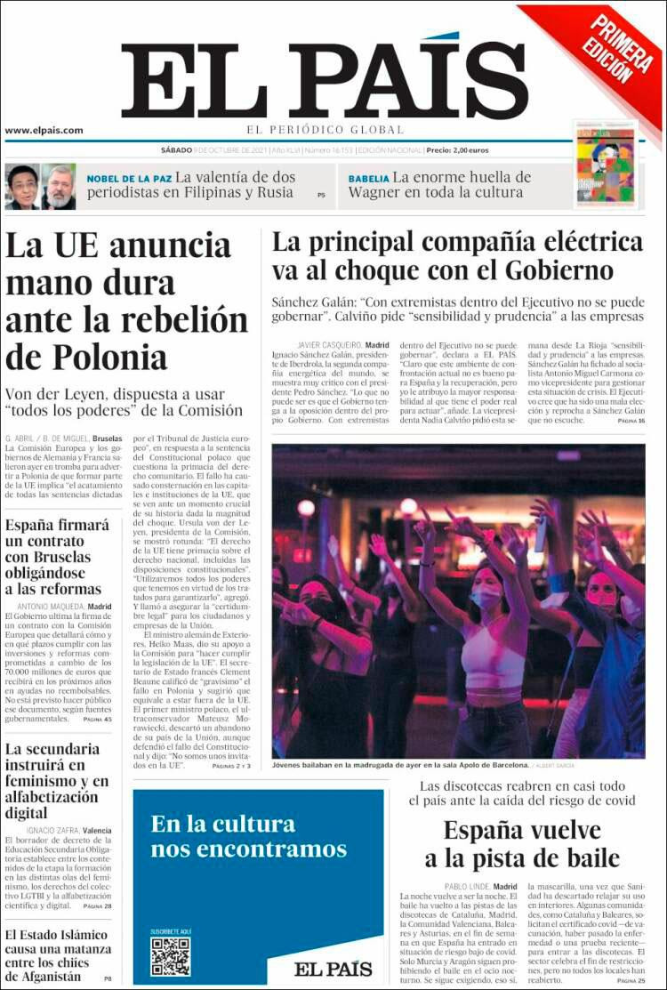 Portada de 'El País' del 9 de octubre de 2021 / CG