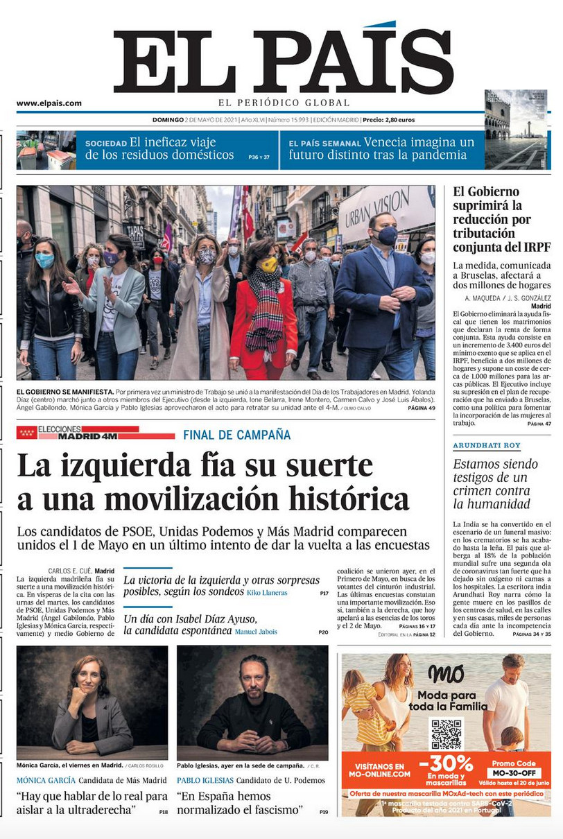 Portada de 'El País' del 2 de mayo de 2021 / EL PAÍS