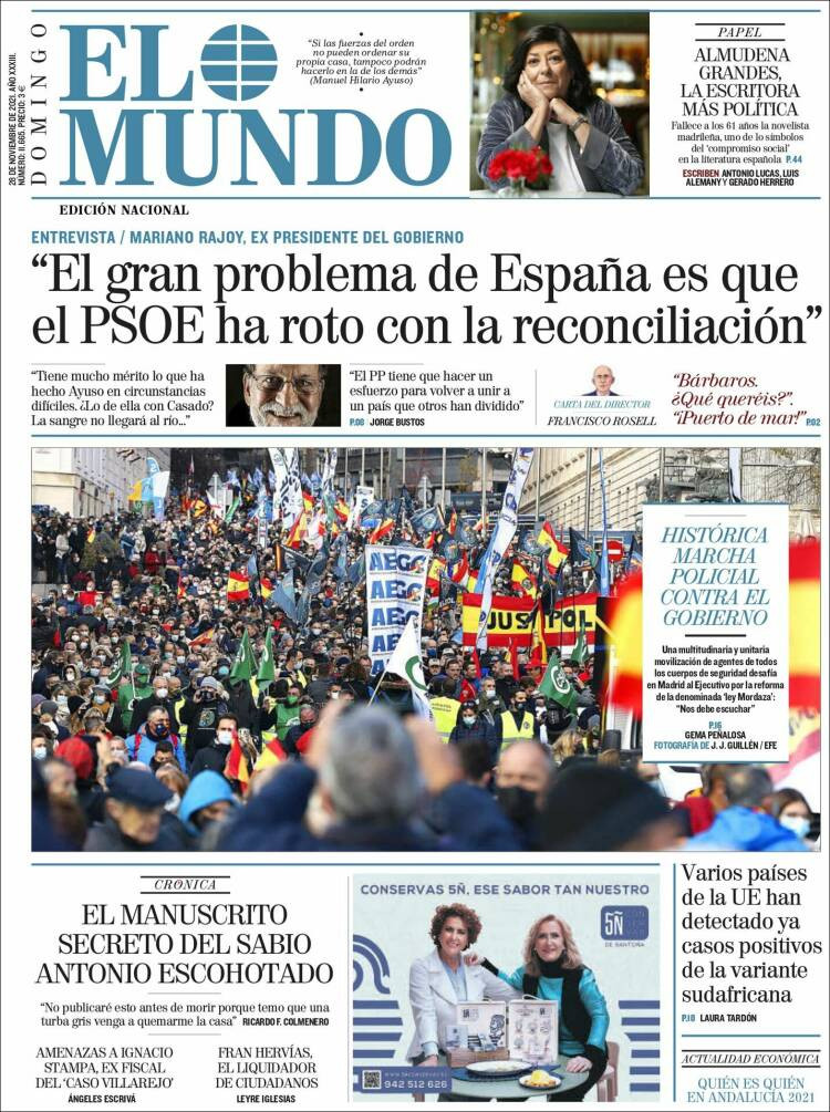 La portada de 'El País' del 28 de noviembre de 2021 / EL PAÍS
