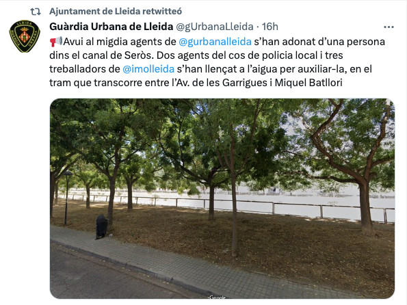 La Guardia Urbana de Lleida publica el rescate de un hombre en el canal de Seròs (Lleida) / TWITTER