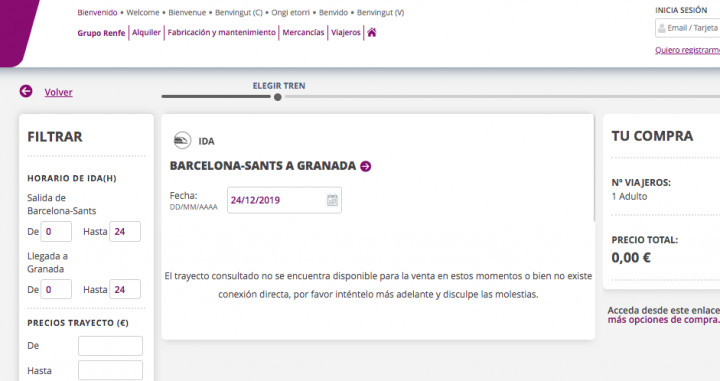 Captura de pantalla de la línea Barcelona- Granada, cuyos billetes siguen sin estar a la venta / CG
