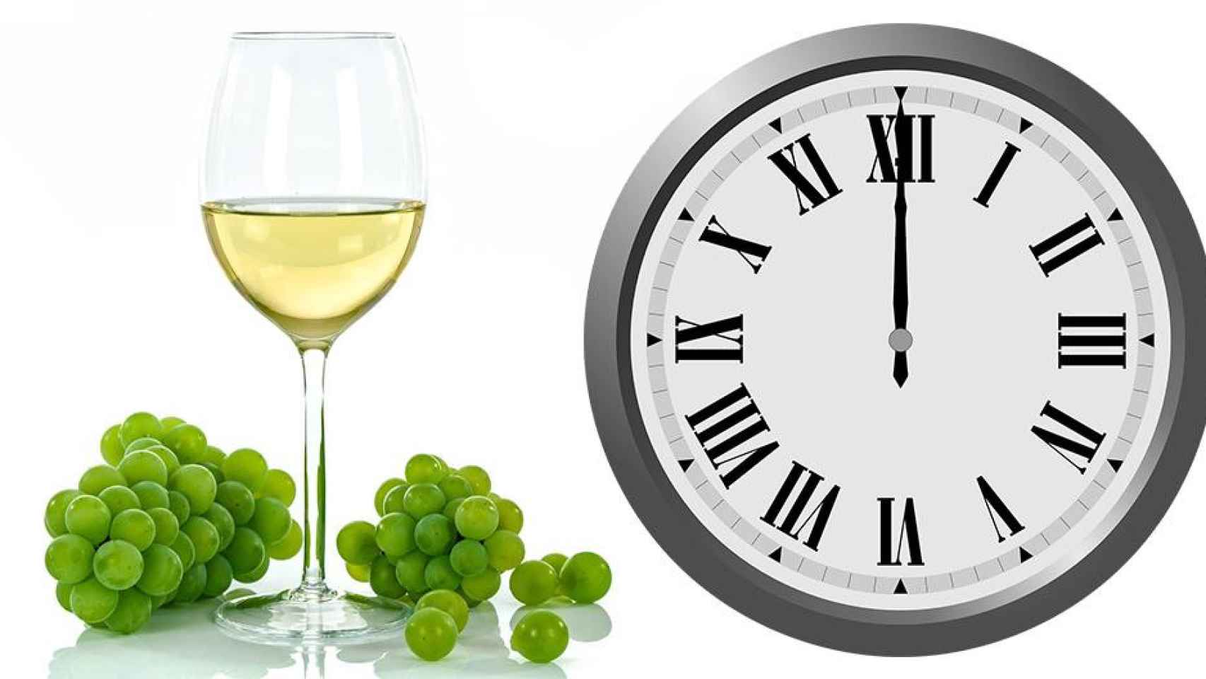 Un reloj marca la medianoche junto a las uvas y una copa de vino, como en las campanadas de Fin de Año / PIXABAY