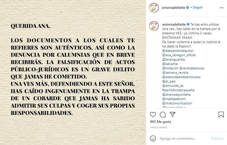 El comunicado de Antonia Dell'Atte para Ana Obregón / INSTAGRAM