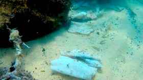 Imagen de toallitas higiénicas en el fondo del mar