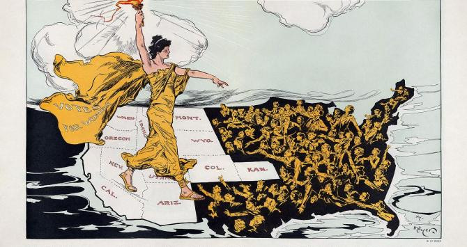 Lady Liberty, wearing a cape labeled %22Votes for Women,%22 stands astride the states (colored white) that had adopted suffrage. A poem by Alice Duer Miller is printed beneath. Henry Mayer, The Awakening, 1915 Cornell CUL PJM 1176 01   Restoration