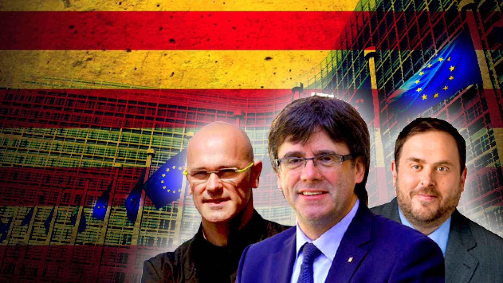 Raül Romeva, Carles Puigdemont y Oriol Junqueras, de fondo el Parlamento Europeo / CG