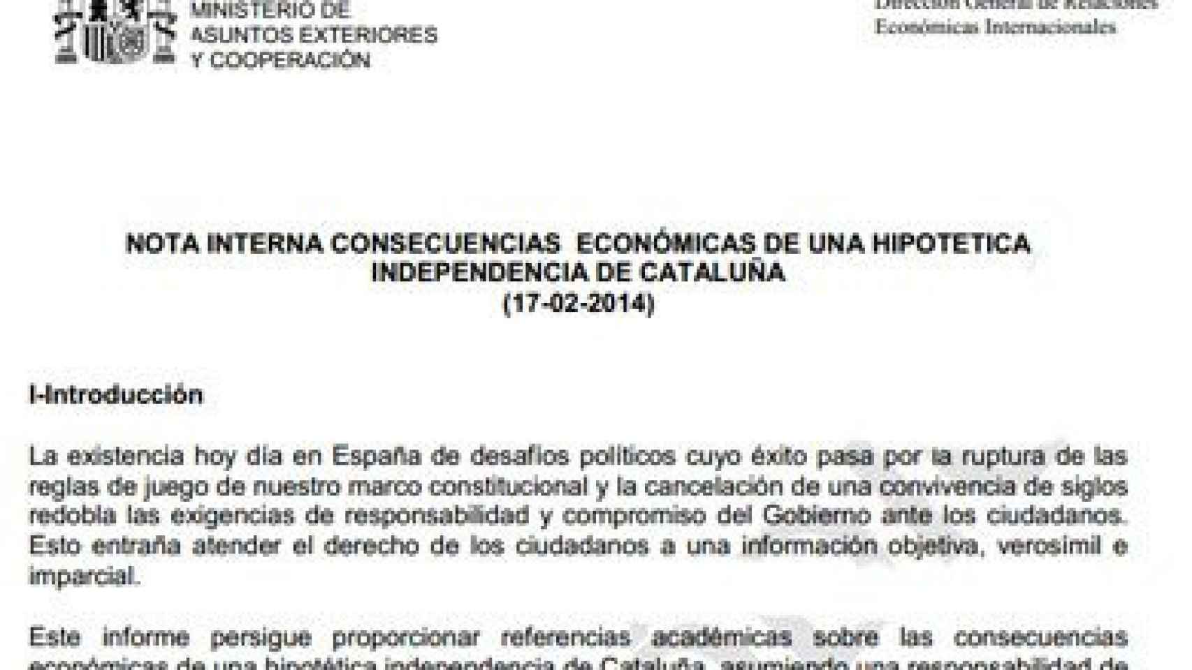 Informe del Gobierno sobre las consecuencias económicas de una hipotética independencia de Cataluña