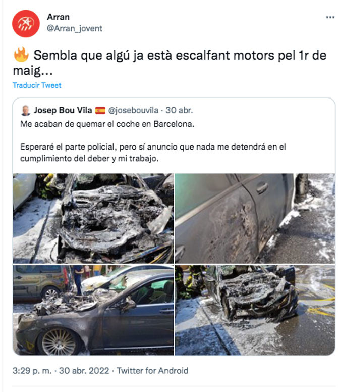 El tuit de Arran por el incendio del coched e Josep Bou / TWITTER