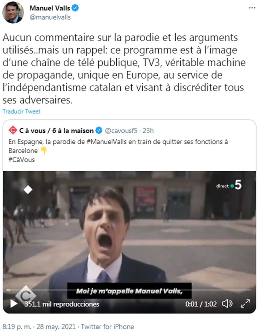 Manuel Valls, criticando a TV3 en su perfil de Twitter