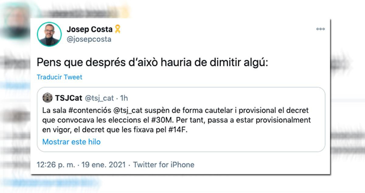 Mensaje divulgado en redes sociales por Josep Costa / TWITTER