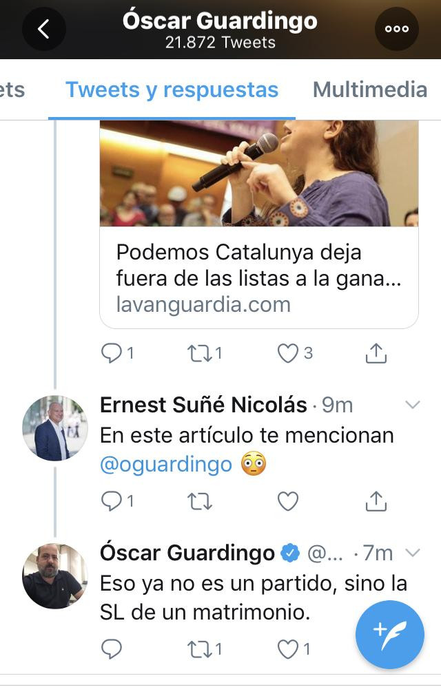 Tuit de Óscar Guardingo criticando la exclusión de Noelia Bail de la lista de Podemos en Cataluña
