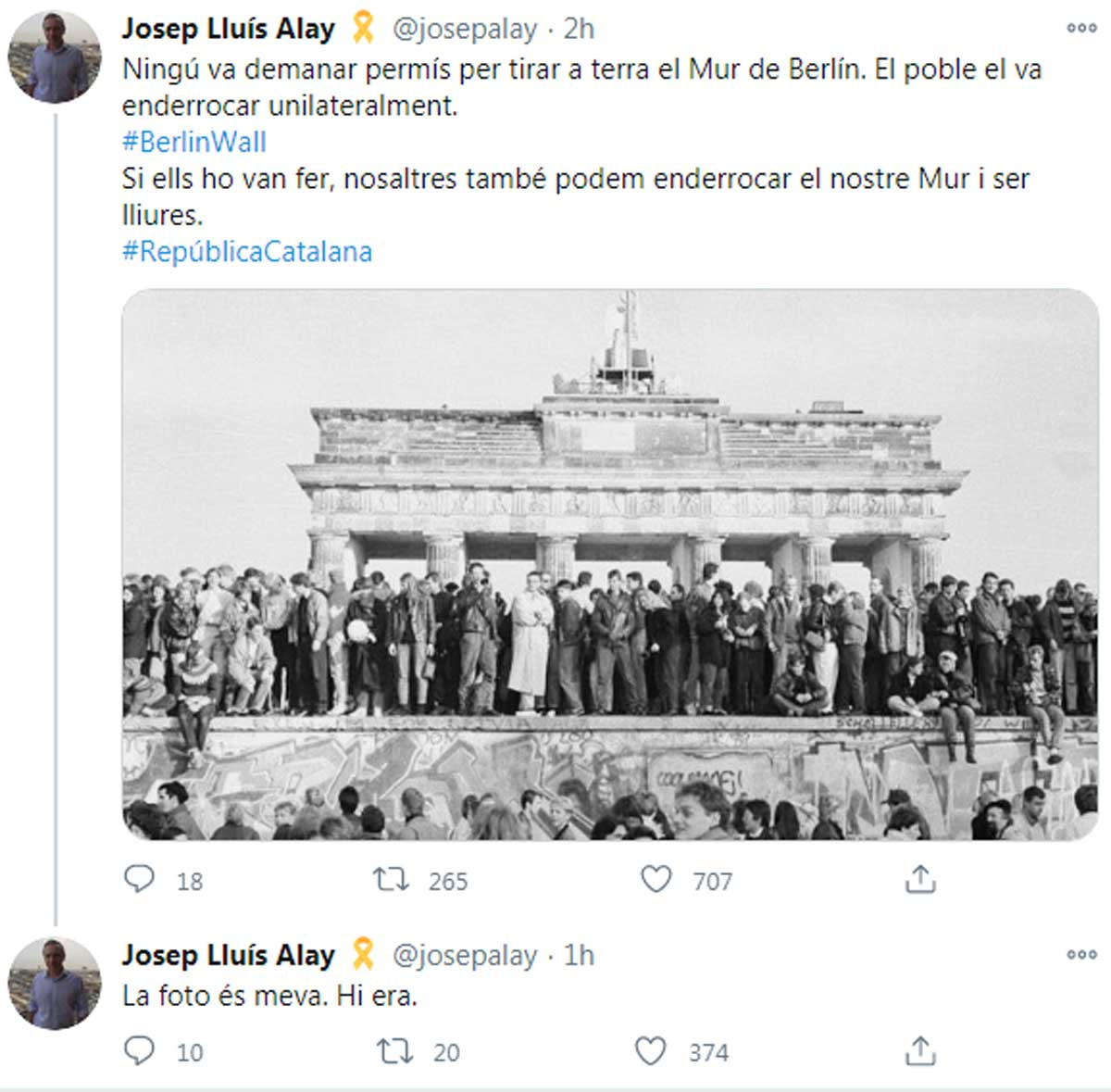 Tuit de Josep Lluís Alay comparando a Cataluña con la RDA y el muro de Berlín / @josepalay (TWITTER)