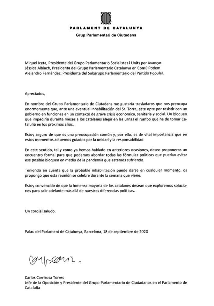 Carta de Carlos Carrizosa (Ciudadanos) a los grupos de la oposición