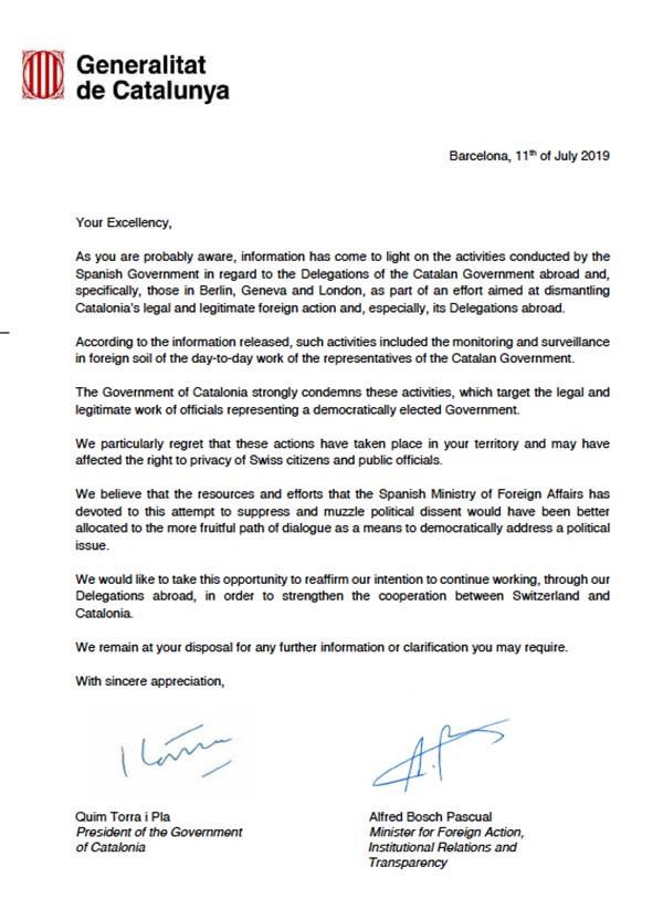 Modelo de carta enviada por el Govern para denunciar el 'espionaje' del ministro Josep Borrell