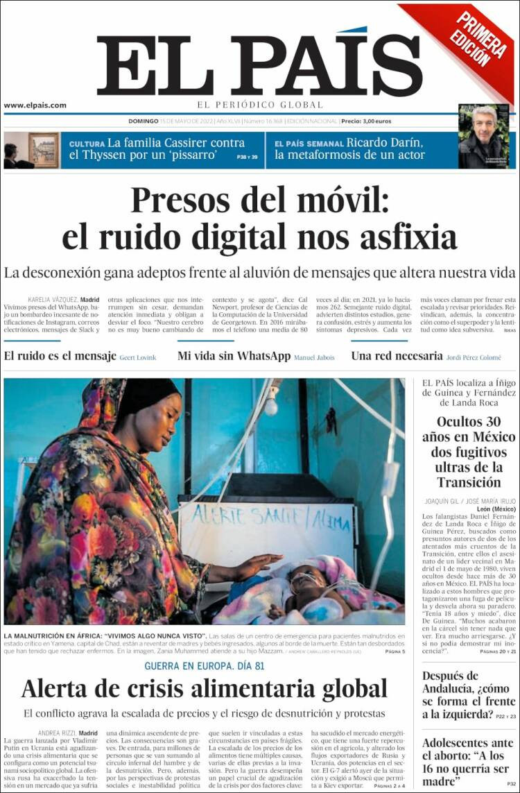 Portada de 'El País' del 15 de mayo de 2022 / EL PAÍS
